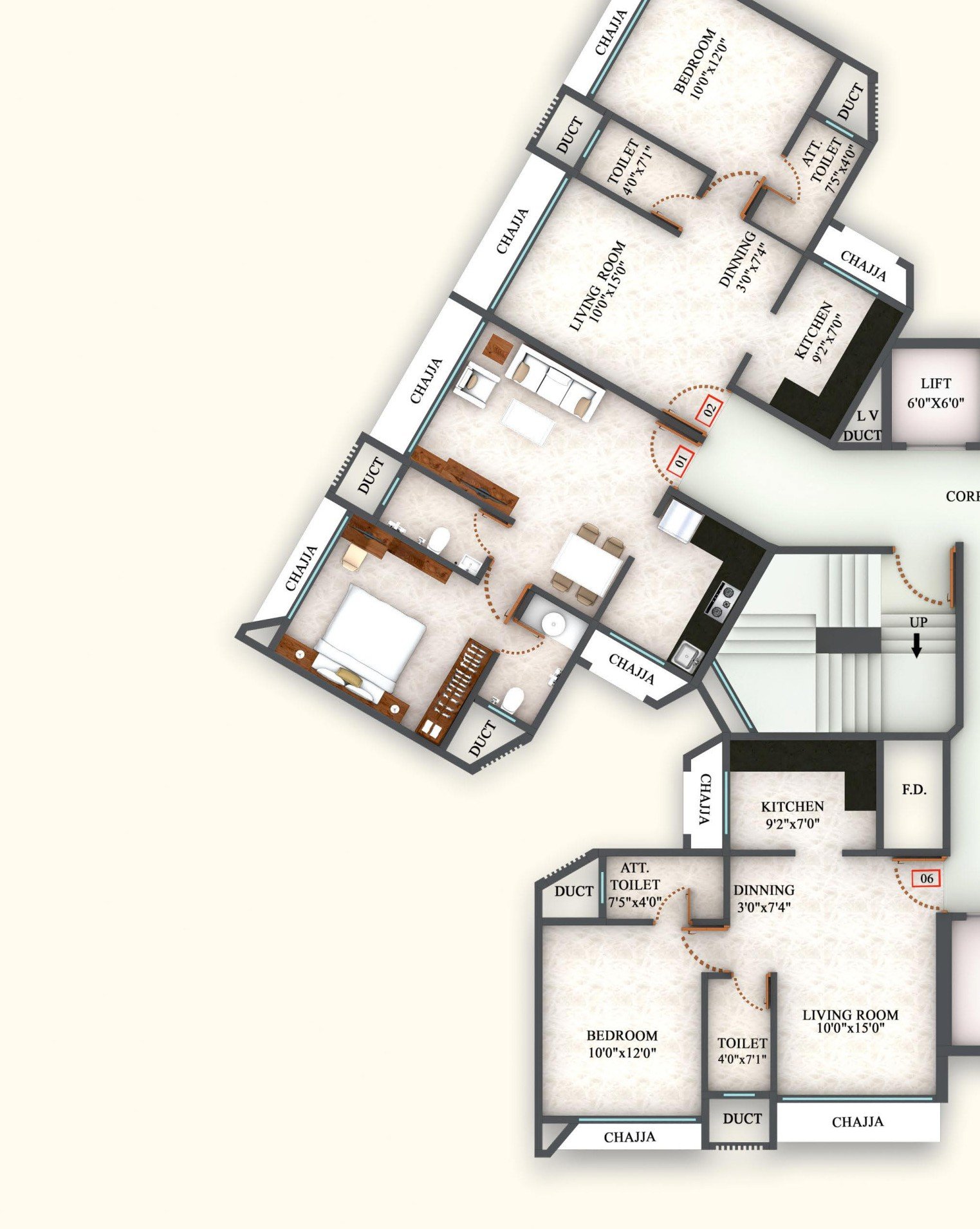 1 BHK Detailed Floor Plan